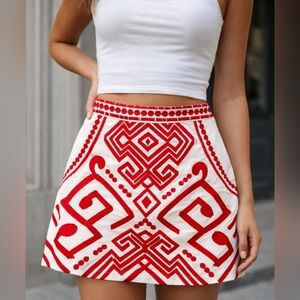 Savanna Jane White Mini Skirt with Red Geometric Embroidery